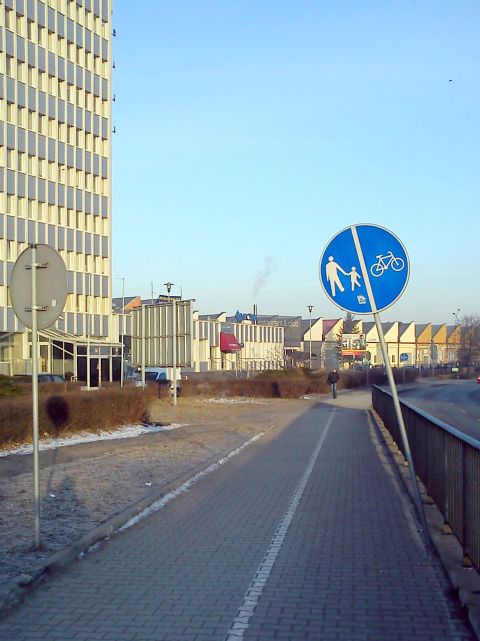 Radom. Aleja Grzecznarowskiego - znak w skrajni drogi rowerowej. 