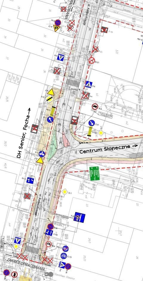 Radom. Ulica Kelles-Krauza, droga rowerowa zaczyna się kilkanście metrów od skrzyżowania