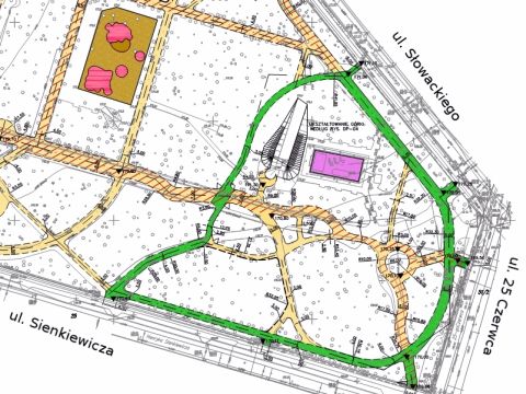 Radom. Zielony asfalt na drodze dla rowerów w parku im. Kościuszki